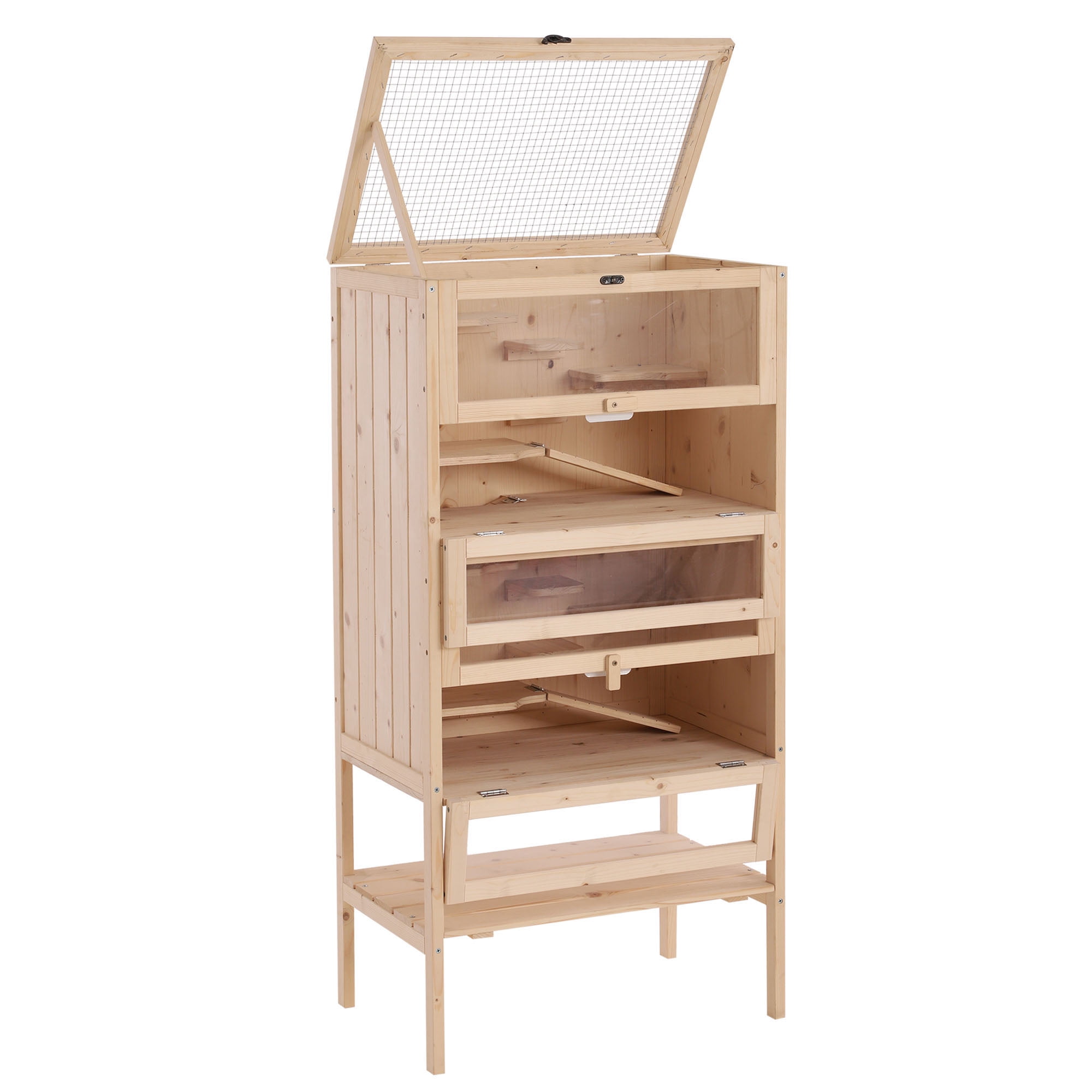 PawHut 5 Tier Fir Wood Hamster Cage Small Animals Play House Exercise Activity Center Natural