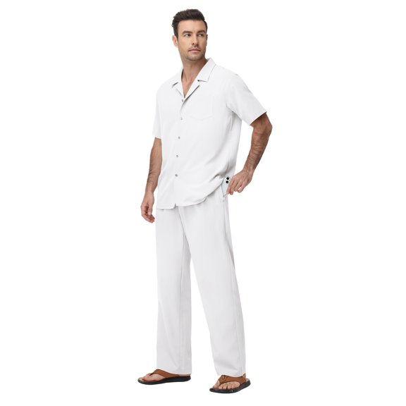 2-Piece Men's Casual Set Button Down Shirt & Loose Pants Lightweight Stretch for Vacation White L