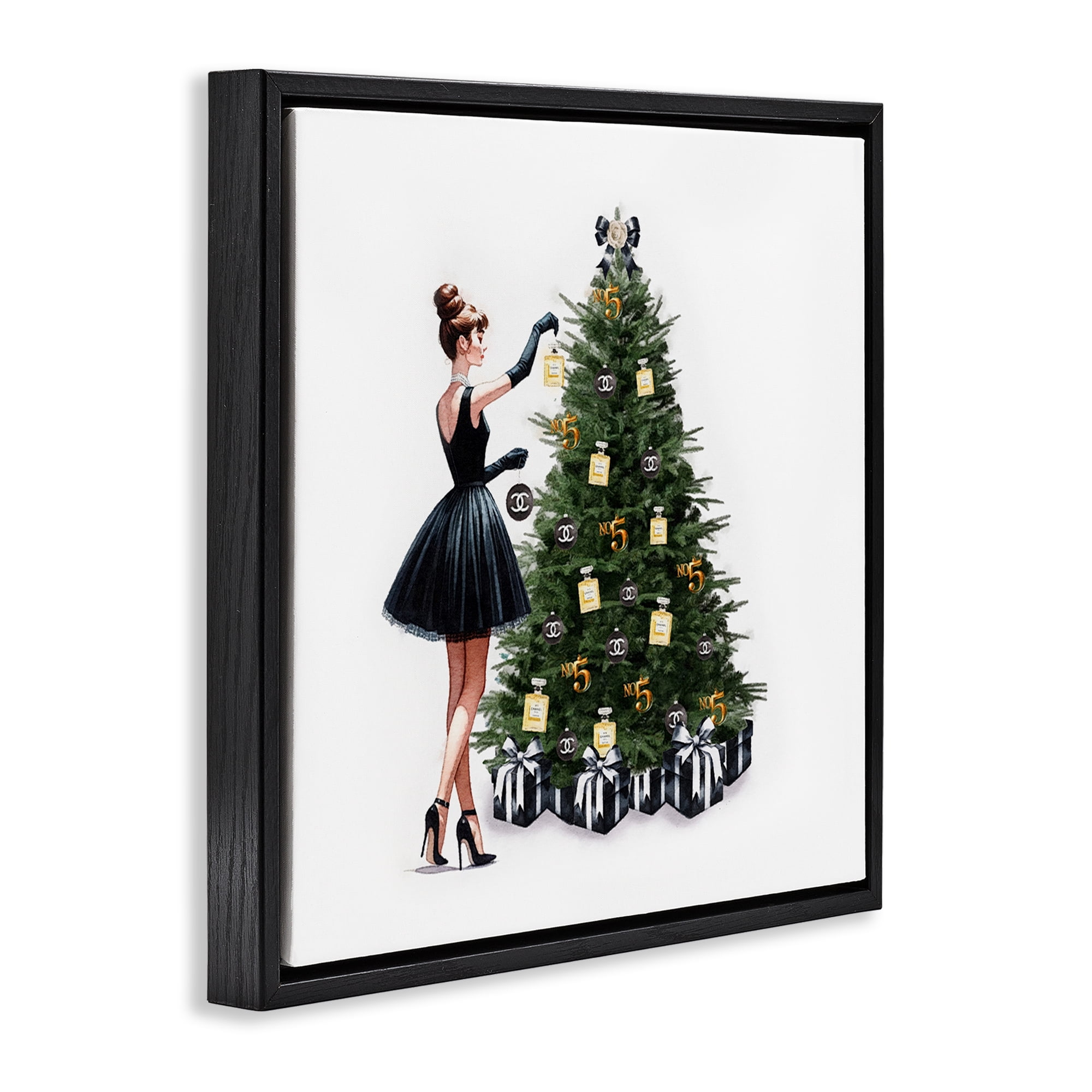 Stupell Industries Trendy Christmas Tree Holiday Painting Black Floater Framed Canvas Art Prints Wall Art, 18 x 18