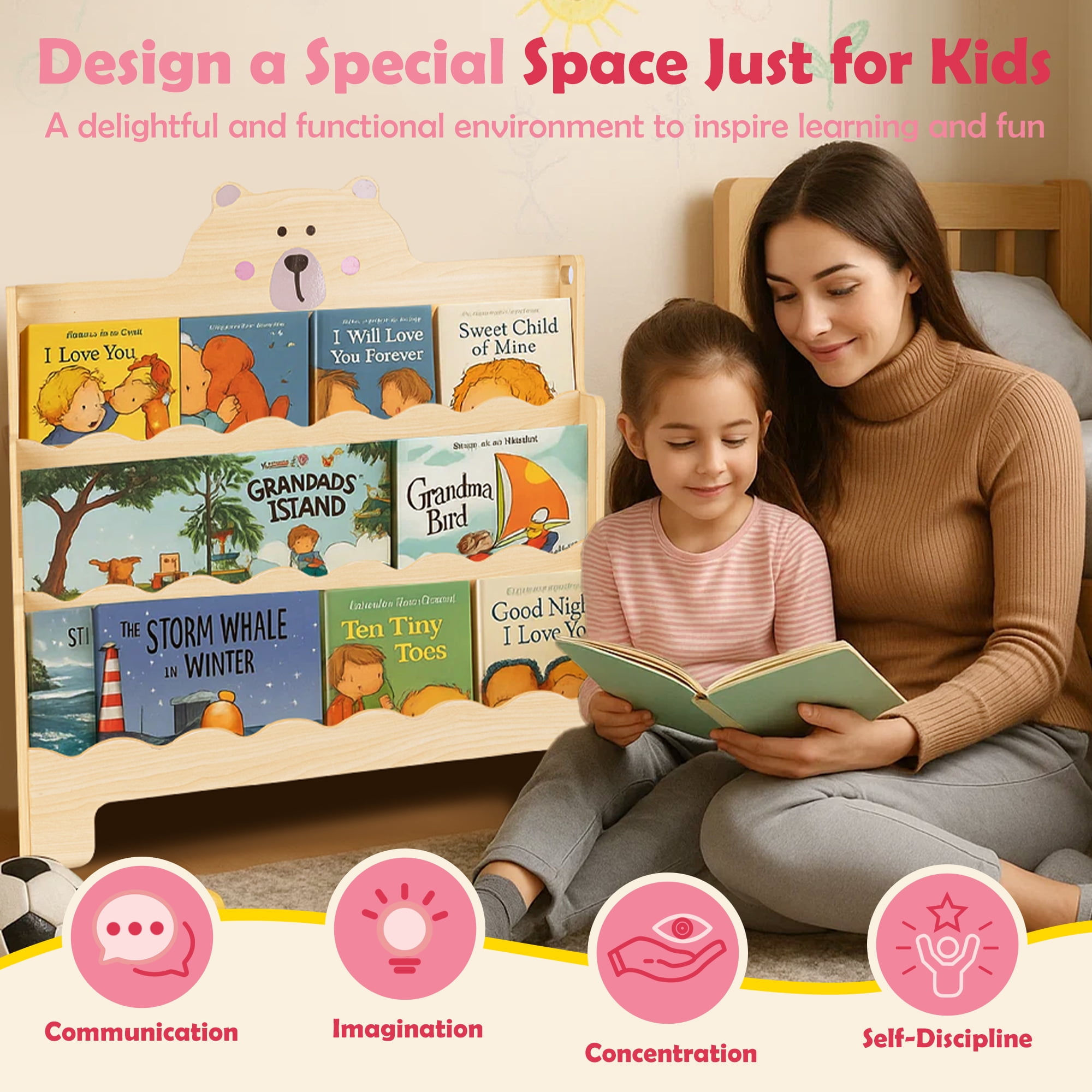 Kids Wooden 3-Tier Bookshelf with Scalloped Edges, Front-Facing Book Display, Montessori Toddler Book Rack & Book Shelves for Kids Room, Nursery, Bedroom, Classroom
