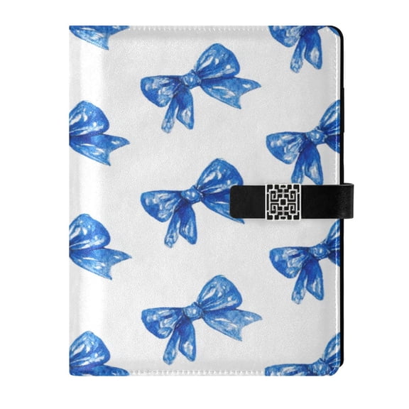 9.2x6.7 inch Leather Notebook 100 Sheets, Multi-Pocket Design & Pen Loop Blue Bows Pattern Refillable Journal Organizer