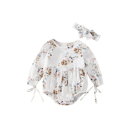 

Franhais 2 Pieces Baby Suit Floral Print Round Neck Long Sleeve Tie-Up Romper+ Headband for Girls