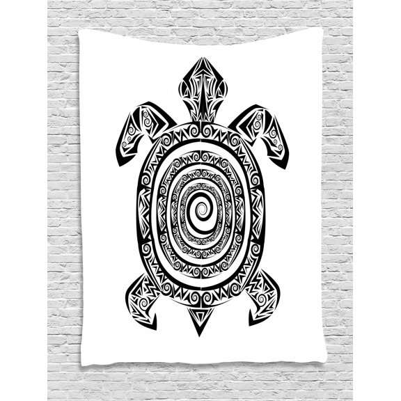 Black and White Tapestry, Monochrome Turtle with Spiral and Stripes on Bullseye Pattern Shell, Wall Hanging for Bedroom Living Room Dorm Decor, 40W X 60L Inches, Black and White, by Ambesonne