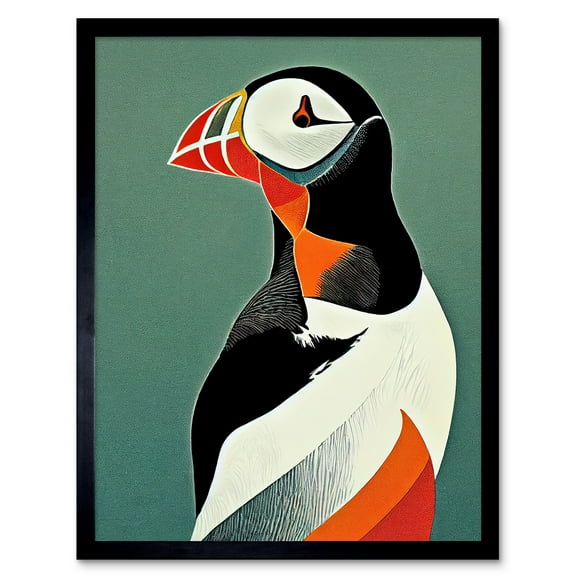 Bright Bold Colourful Atlantic Puffin Bird Portrait Art Print Framed Poster Wall Decor 12x16 inch