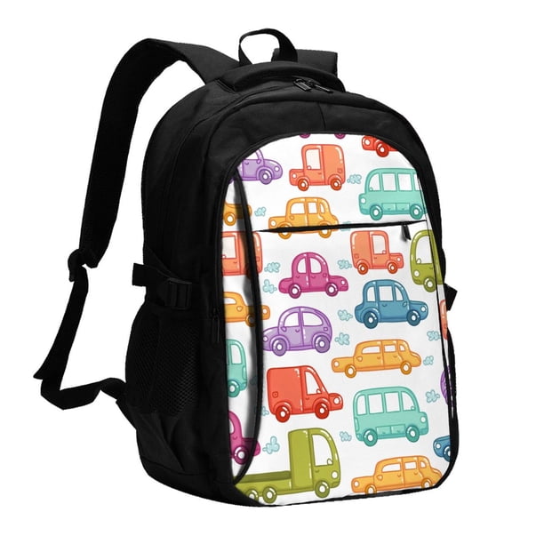 Easygdp Doodle Cars Mochila para Laptop de Viaje con Puerto USB, Mochila para Laptop con Puerto de Carga USB para Mujeres y Hombres