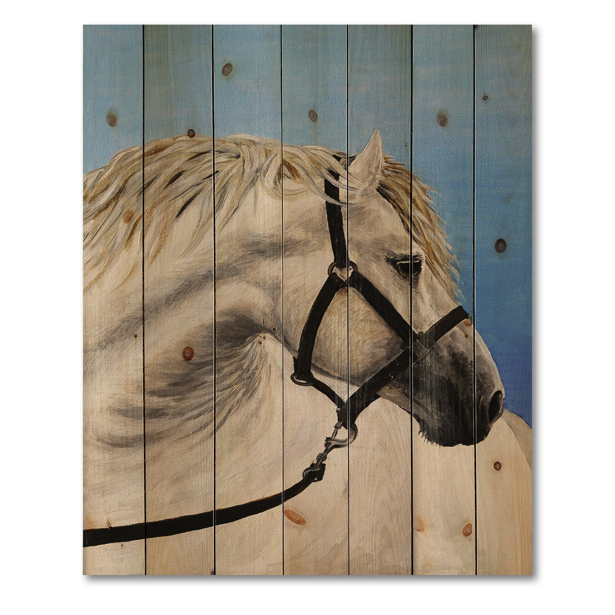 Designart 'Close Up Of White Horse In The Furrow' Farmhouse Print on Natural Pine Wood