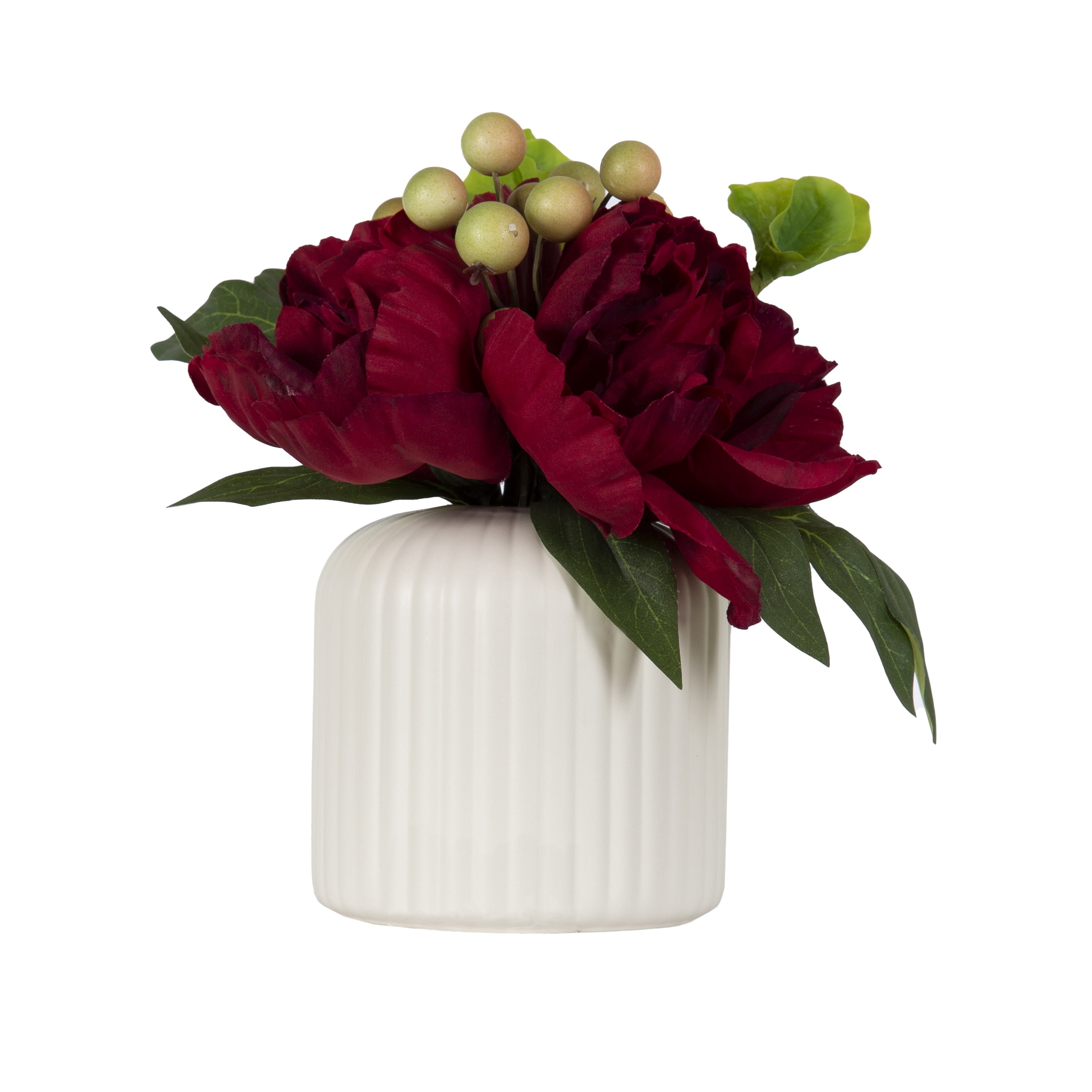 Better Homes & Gardens 7.5" Artificial Red Peony Flowers in Ribbed off-White Ceramic Vase
