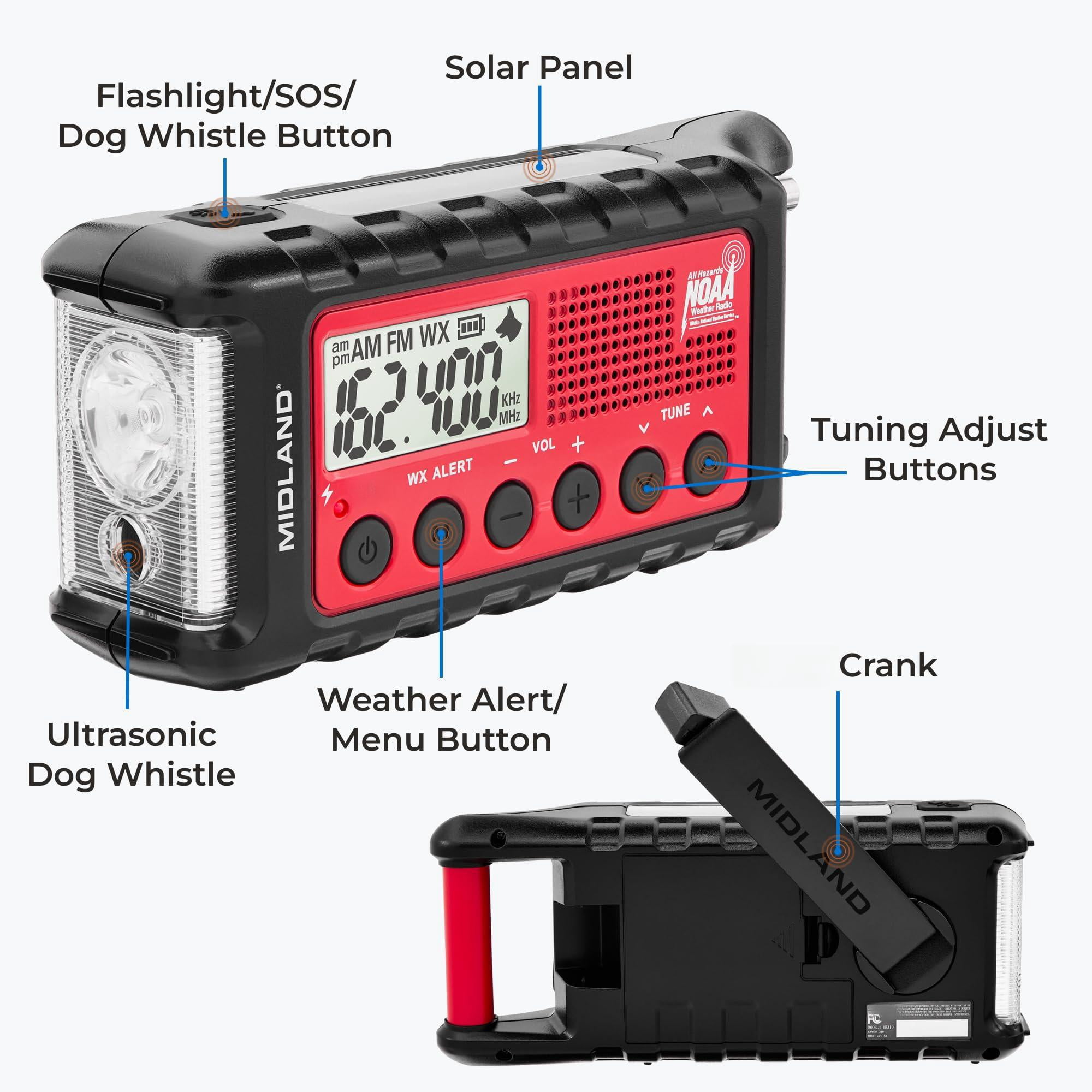 - Er310  Emergency Crank Weather Am/fm Radio Multiple Power Sources Sos Flashlight Ultrasonic Dog Whistle & Noaa Scan + Alert (red/black)