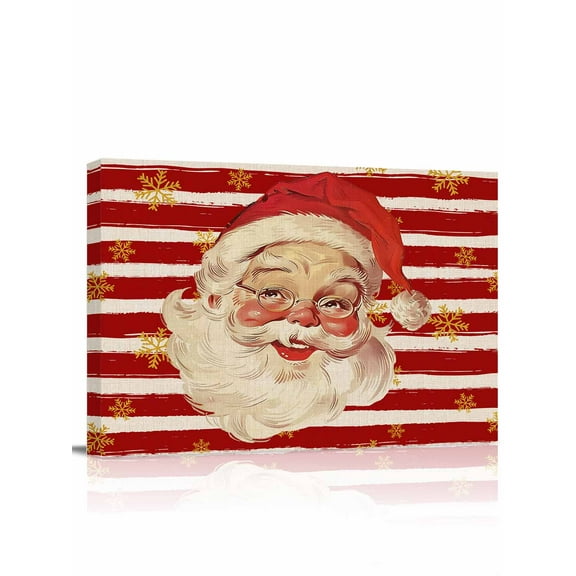 Christmas Canvas Print Wall Art Framed Canvas Art Wall Decor Santa Claus Watercolor Snowflakes Striped Red Pictures Painting Morden Artwork for Living Room Bedroom, Ready to Hang - 12"x16"