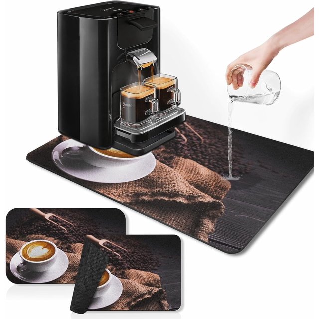 Coffee Mat for Countertops, Coffee Brown Cafe Retro Vintage Dish Drying Mat 2 Pcs for Kitchen Coffee Bar Accessories, Fit Under Coffee Maker Espresso Machine Dish Rack Hide Stain Rubber Backed 12x19in