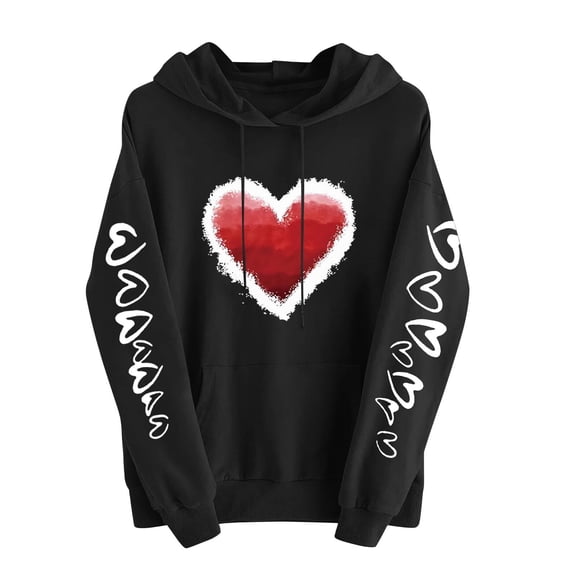 Heart Valentine Hoodies for Women Long Sleeve Graphic Cute Valentines Day Sweatshirt Holiday Casual Fall Spring Hoodie, 3XL Black