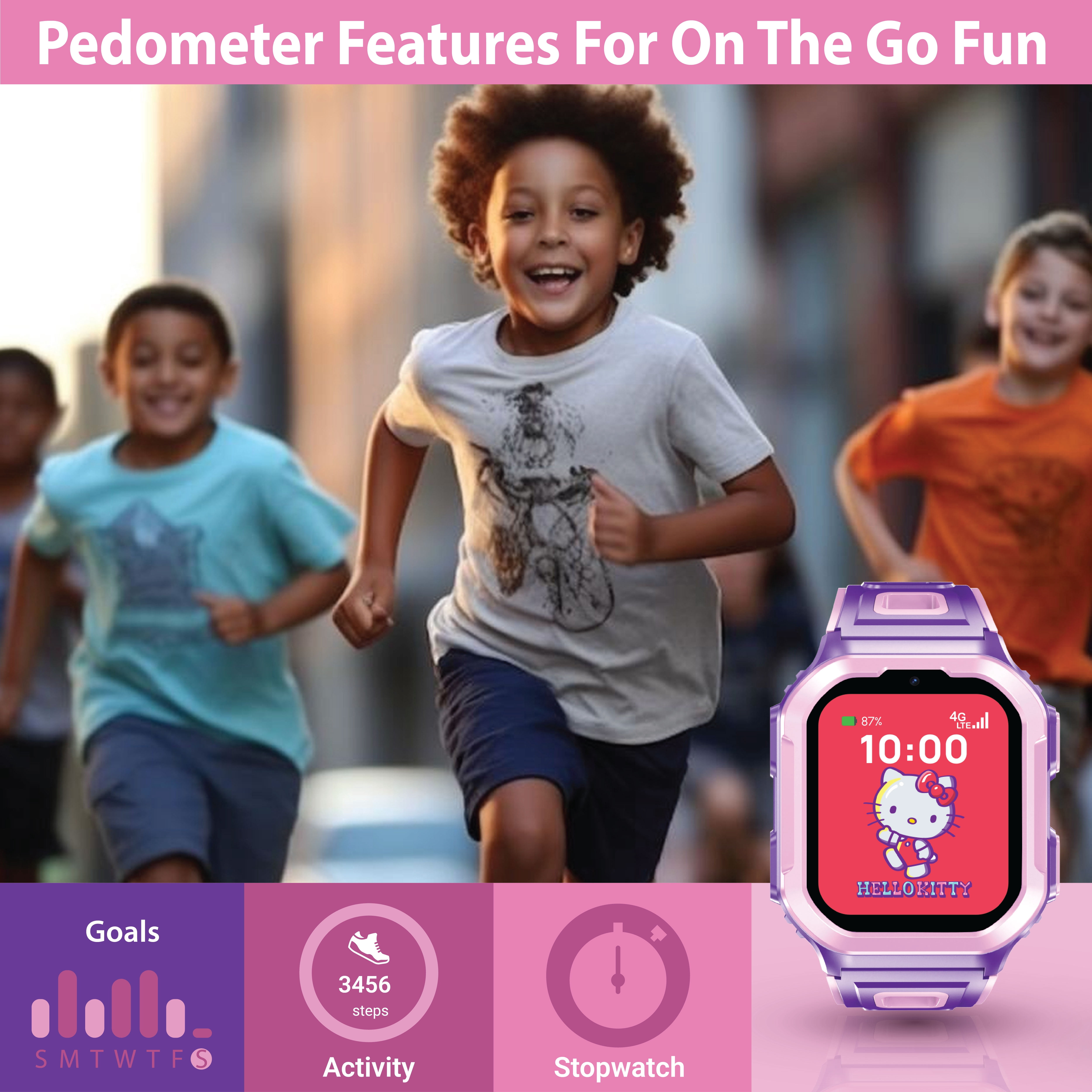 Hello Kitty iTime 4G Kid's Smart Watch with Calling, Messaging, GPS Tracking, & Secure Monitoring, No SIM Card, Purple