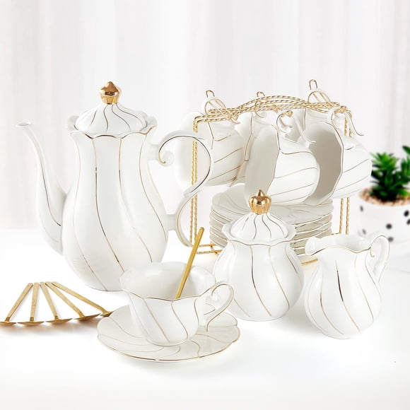 Juego de té DUJUST de 22 piezas de porcelana blanca con borde dorado de lujo