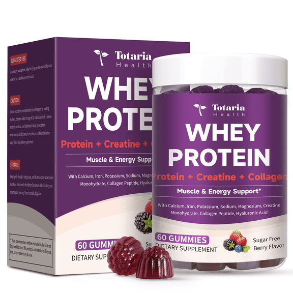 Totaria 3-in-1 Whey Protein Gummies with Creatine and Collagen, Berry Flavor, Supports Muscle and Energy, 0 Sugar, 60 Gummies