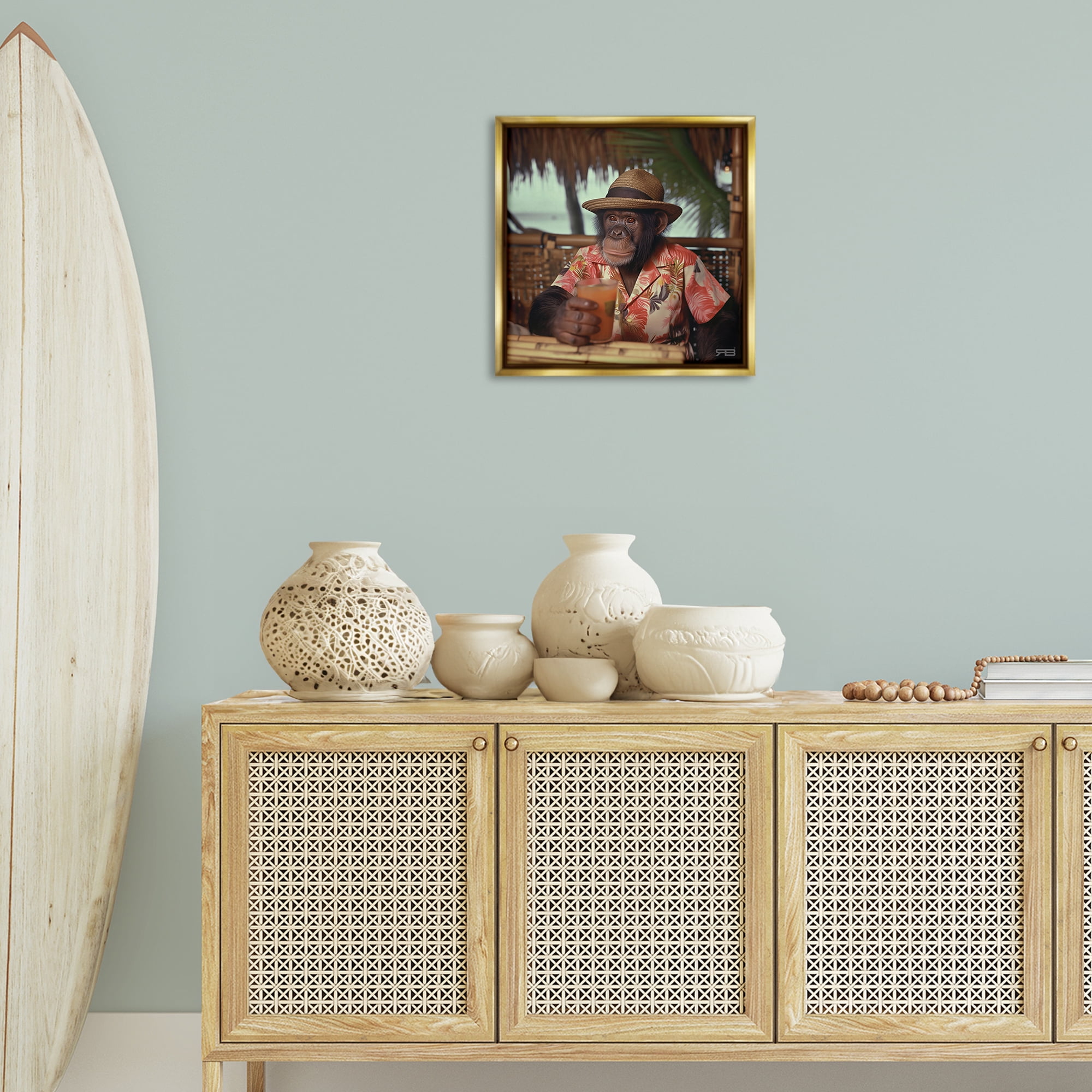 Stupell Industries Tropical Vacation Monkey Novelty Painting Gold Floater Framed Canvas Art Print Wall Art, 18 x 18
