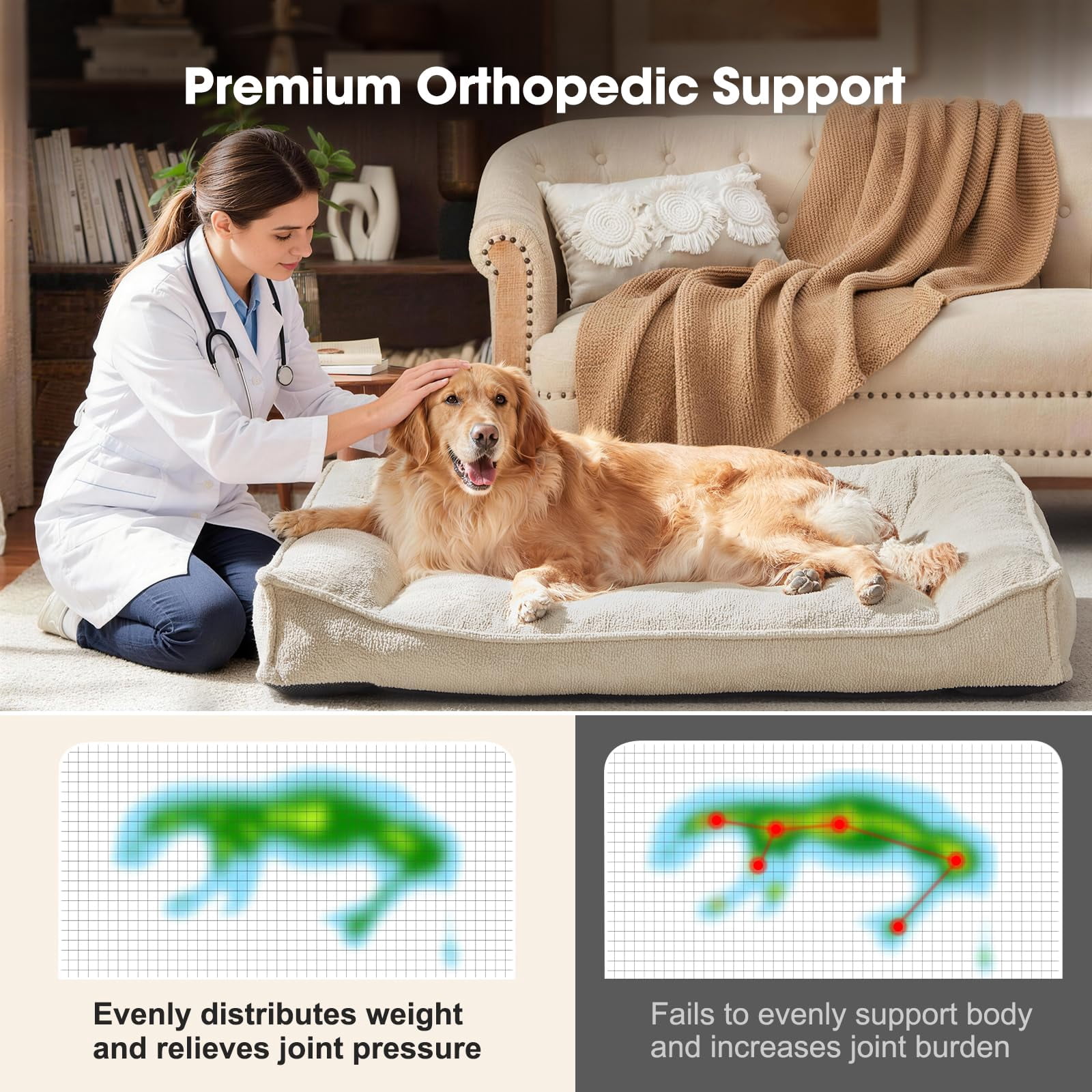 Orthopedic Dog Bed Medium Size Beige 35"L x 25"W x 8"Th, Ergonomic Slant Couch with Removable Washable Cover