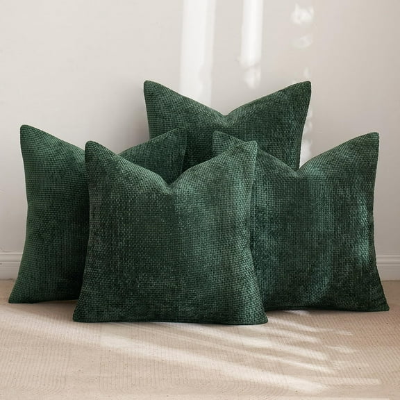 Christmas Green Pack of 4 Couch Throw Pillow Covers 18x18 Inch Soft Decorative Chenille Pillow Covers Farmhouse Accent Cushion Covers for Boho Home Decor Sofa Bedroom Living Room