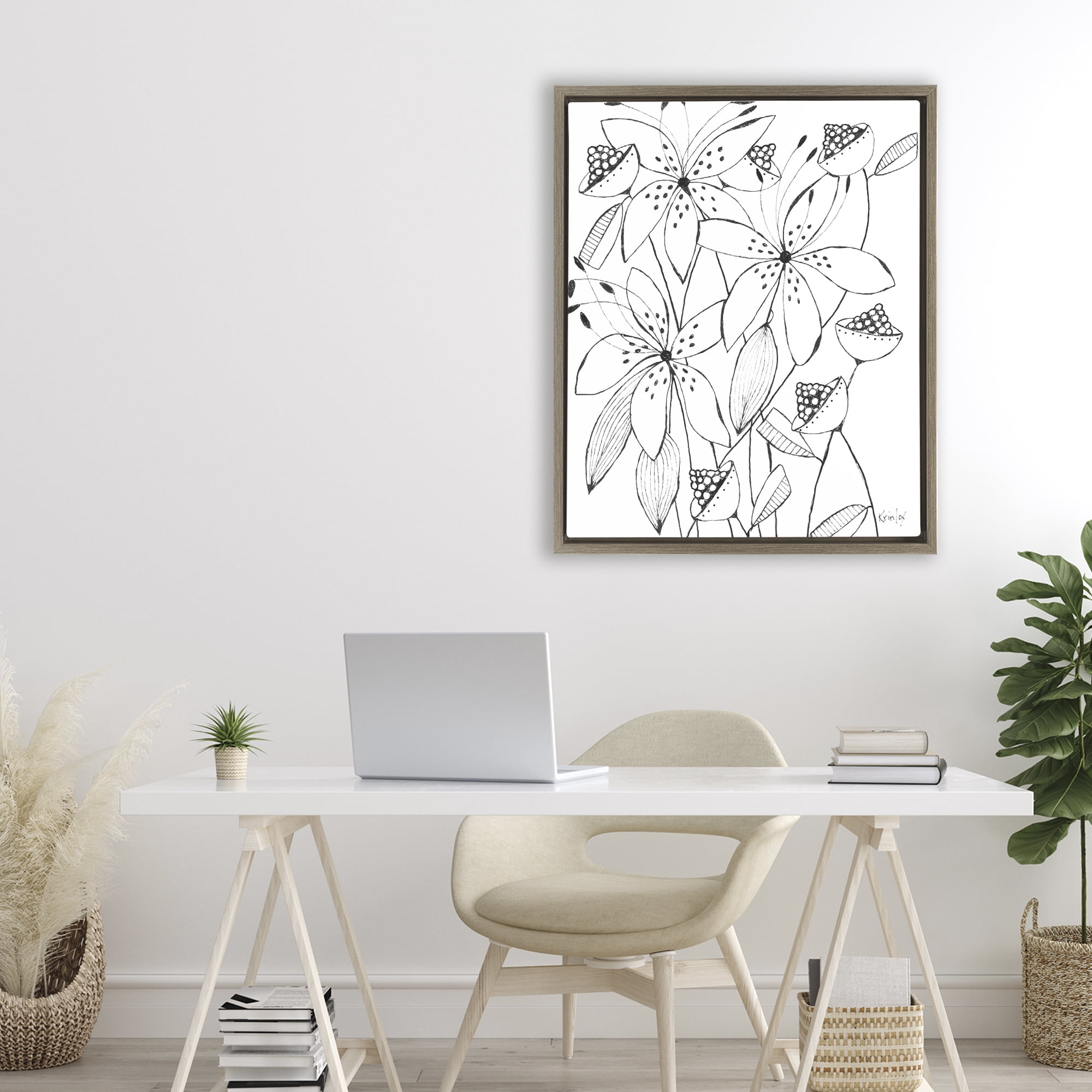 Stupell Industries Open Blooms Outline Brown Framed Floater Canvas Wall Art, design by Krinlox