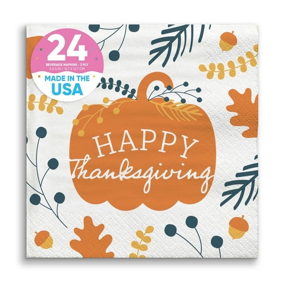 Big Dot of Happiness Happy Thanksgiving Napkins, Fall Harvest Party Decor, White 3-Ply Paper Beverage Cocktail Napkins - 24 Count