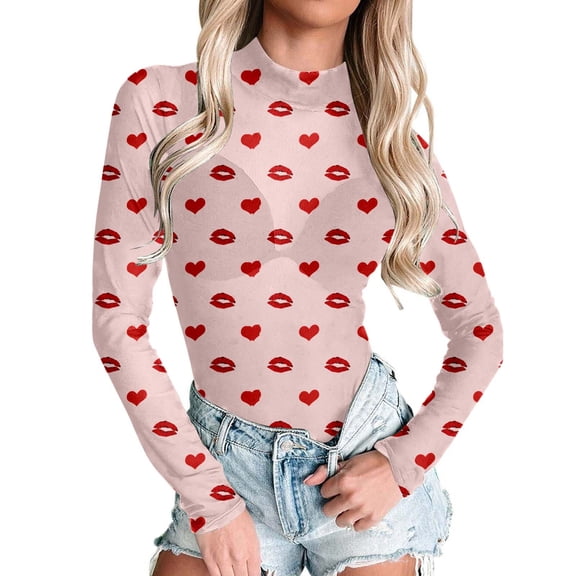 Long Sleeve Mesh Tops for Women Bodysuits for Women Valentine Graphic Lover Turtle Necks Long Sleeve Body Suit Slim Fit Ruched One Piece Fall Outfits Slim Fit Blouses Bodycon Sheer Blouse Clubwear