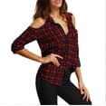 thumbnail image 2 of Sexy Off Shoulder Plaid Casual Shirt Top, 2 of 2