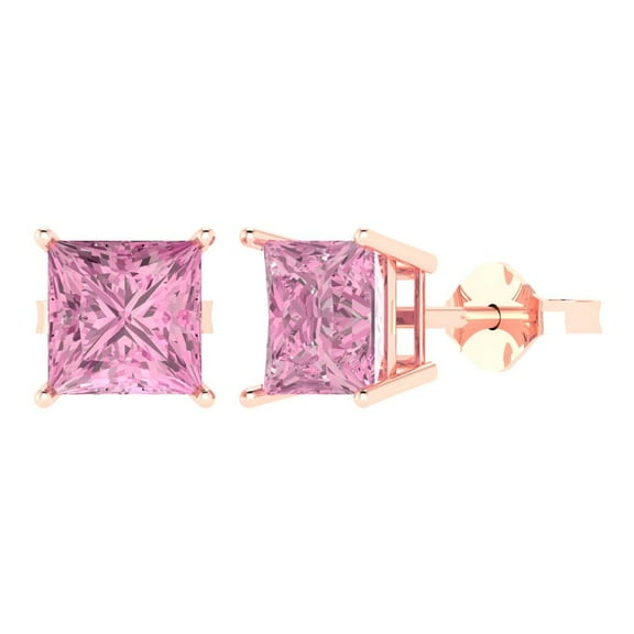 3 ct Push-Back Stud Earrings for Women | 6.5mm Princess Cut Simulated Pink Diamond | 18K Rose Gold