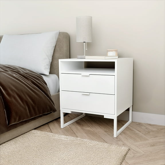 Kappesberg Collins 2-Drawer Nightstand with Open Shelf, White, Mid-Century Modern - for Adults and Teens