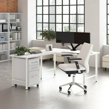 Hustle 60W x 30D L Shaped Computer Desk with Drawers in White - Engineered Wood