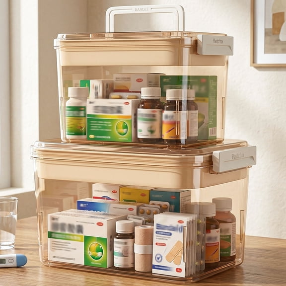 2Pack 2 Tier Medicine Box, Large Capacity Waterproof Lockable Medicine Organizer with Handle for Home, Travel