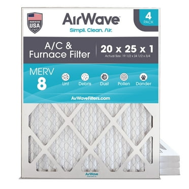 AirWave 20x25x1 MERV 8 Pleated HVAC AC Furnace Air Filter, 4-Pack