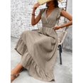 thumbnail image 6 of Mocha Brown Casual Wrap Waist-Cinched Women Maxi Dress With Ruffle Sleeves And Hem, 6 of 7