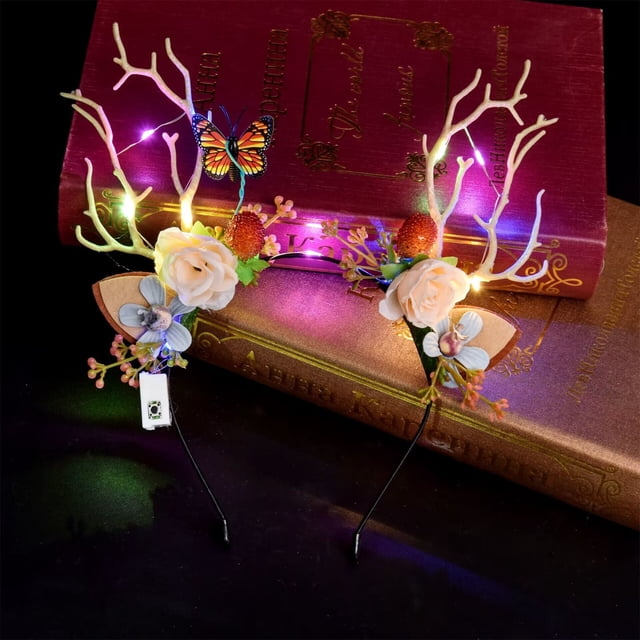 Diadema navideña de astas con luces LED y flores | Accesorio para disfraz de reno para mujeres y niñas | 1 diadema