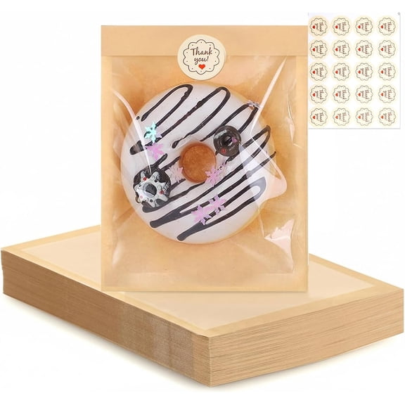BrightD - Cookie Bags with Window, Kraft Bakery Packaging Bags, Oil Resistant Heat Sealable Paper Bags, 100 Pack 7.1 x 7.5 inch, for Cookies Donuts Sandwiches Gift Giving Bake Sale