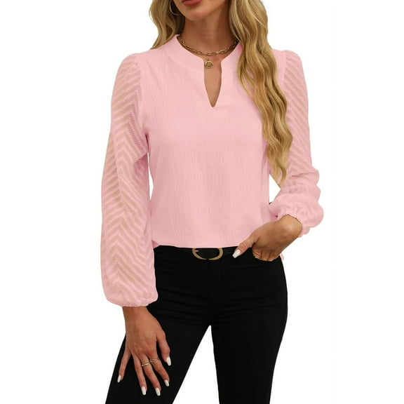Mawalde Womens Tops Dressy Casual Sheer Long Sleeve V Neck Shirts Loose Flowy Chiffon Business Work Blouses Pink S