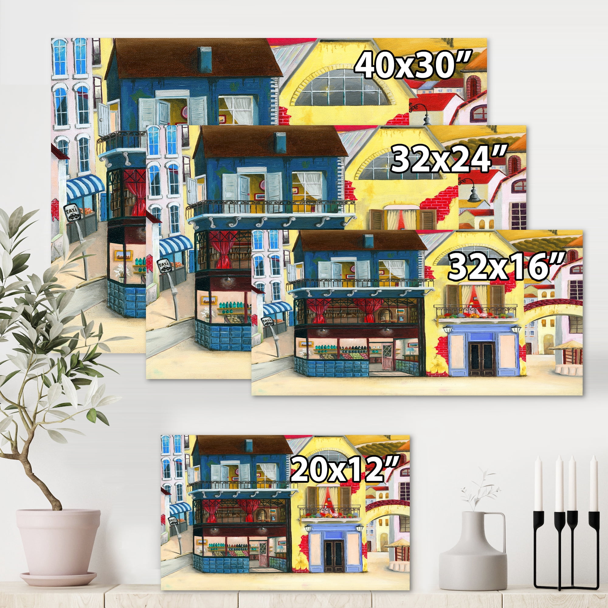 Designart ' The Colorful Facade of The Buildings In A Cozy Streets ' French Country Canvas Wall Art Print