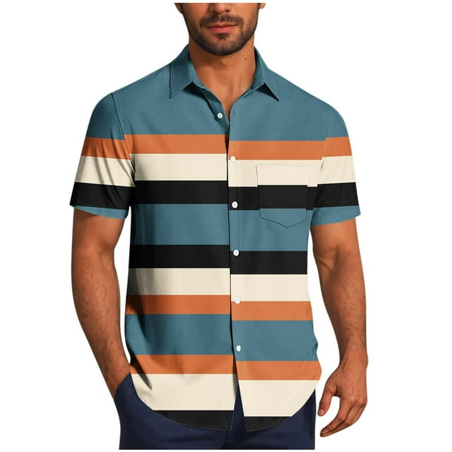 YanHoo Men's Button Down Shirts Summer Short Sleeve Color Block Stripes Button Up Beach Shirts S-5XL