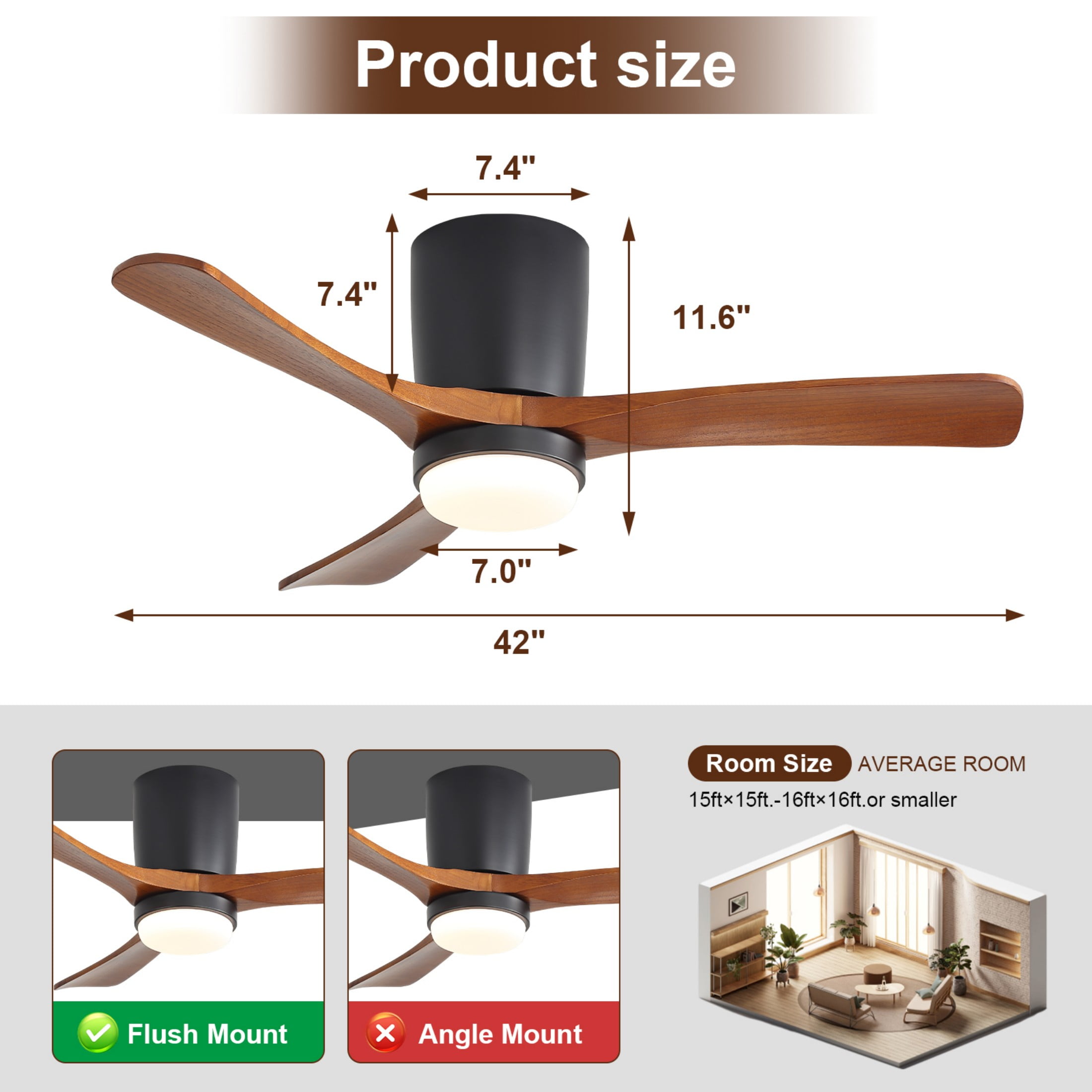 Sofucor 42-Inch Flush Mount Ceiling Fan with LED Light and Remote Control, Dimmable, ETL Certified