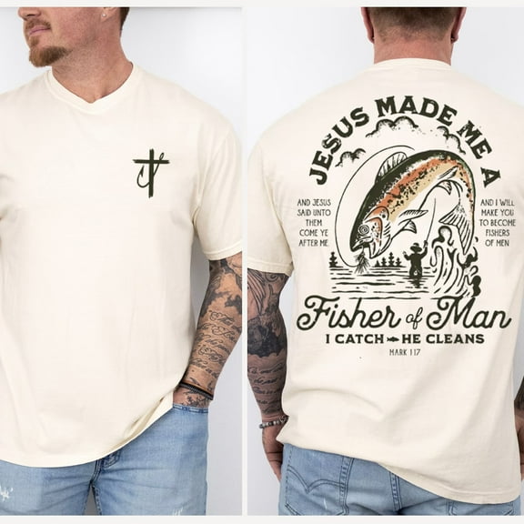 Fisher of Men Christian T-Shirt – Jesus Made Me a Fisherman, Bible Verse Mark 1:17, Faith   Fishing Shirt for Men