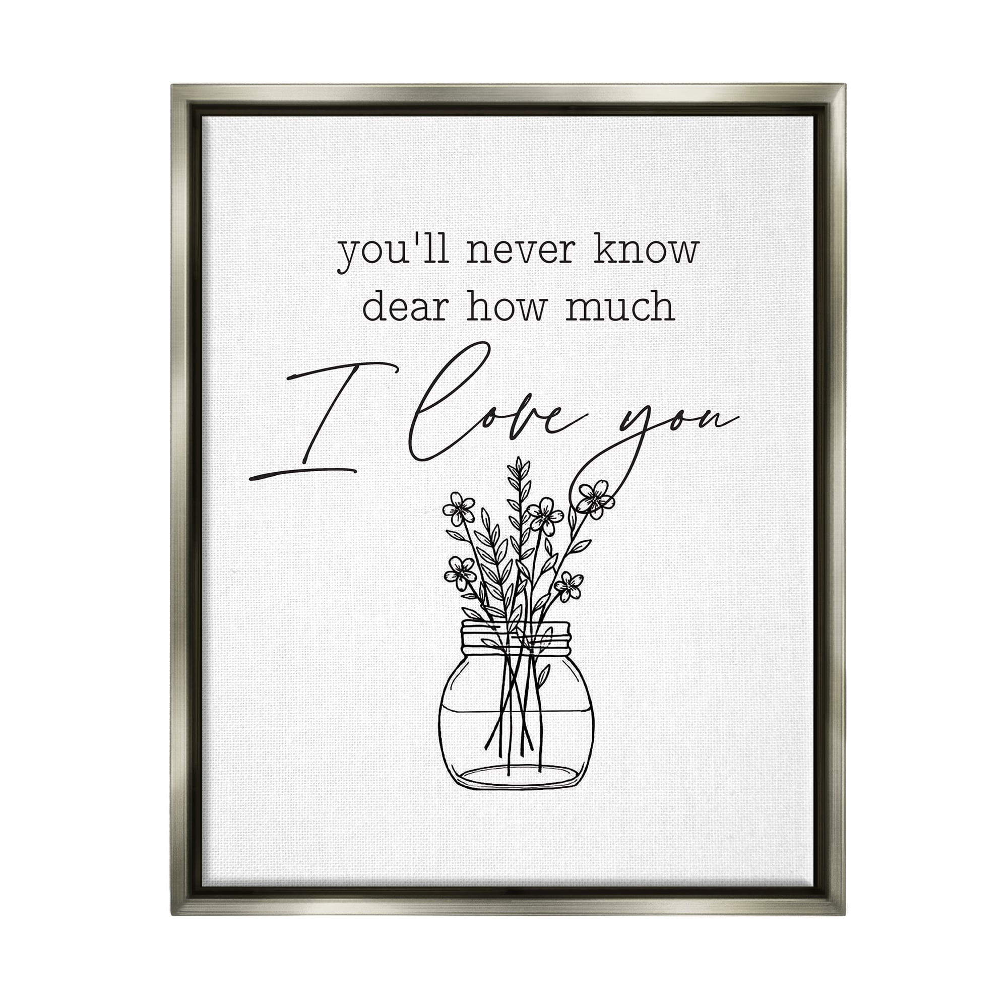 Stupell Industries I Love You Simple Daisy Botanical Outline Bouquet Graphic Art Luster Gray Floating Framed Canvas Print Wall Art, Design by Lettered and Lined