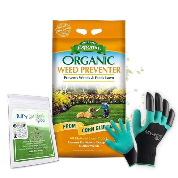Espoma Organic Weed Preventer 25 lb Natural Lawn Fertilizer & Weed Control Corn Gluten Meal Granules Bundled with My Garden Pool Gardening Gloves & Soil pH Test Strips Covers 1,250 sq ft