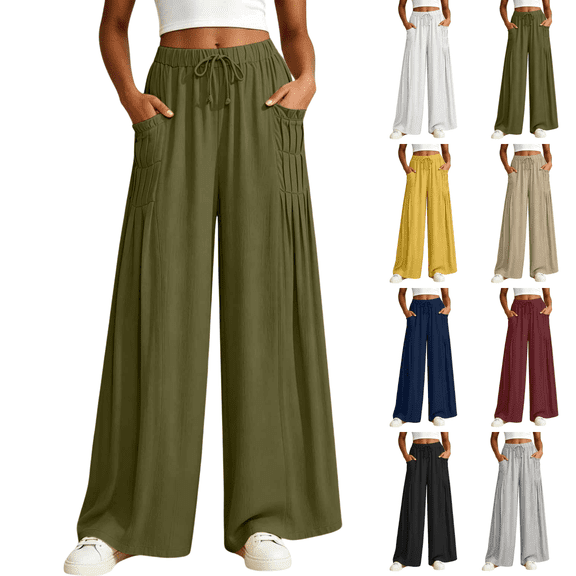 SeekIslan Women's Wide Leg Palazzo Pants with Drawstring Waist Flowy Pants for Summer Beach Vacation