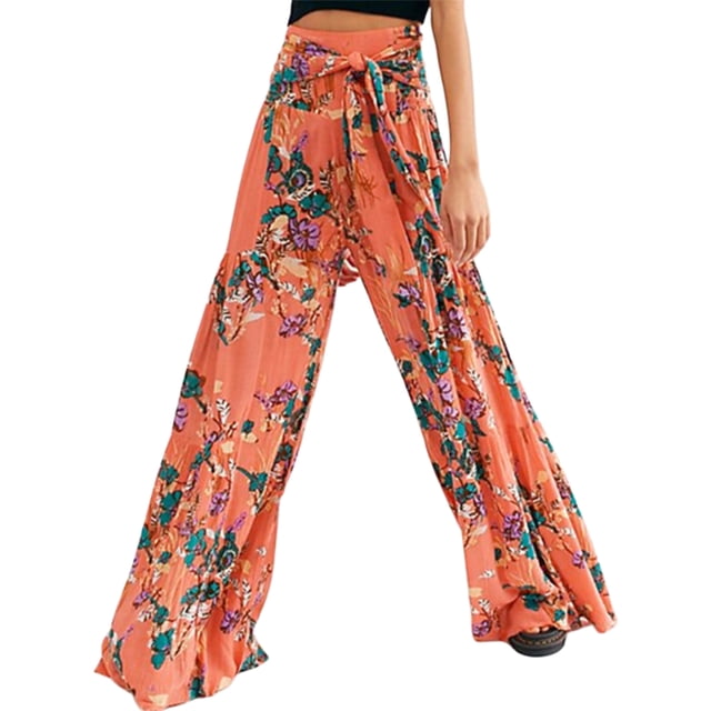 VISgogo - Pantalones palazzo con cinturón para mujer, pantalones de playa sueltos bohemios de cintura alta con estampado floral/a cuadros/cachemira VISgogo moda