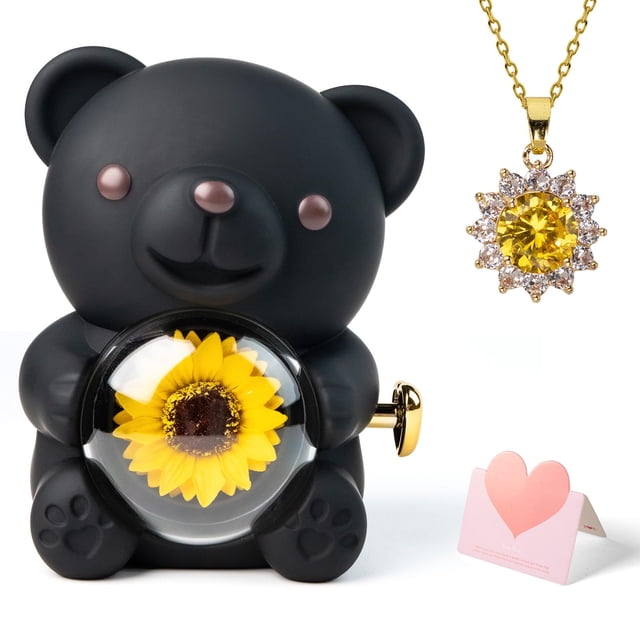 Set de regalo Mountova Oso Negro con Collar de Girasol y Caja