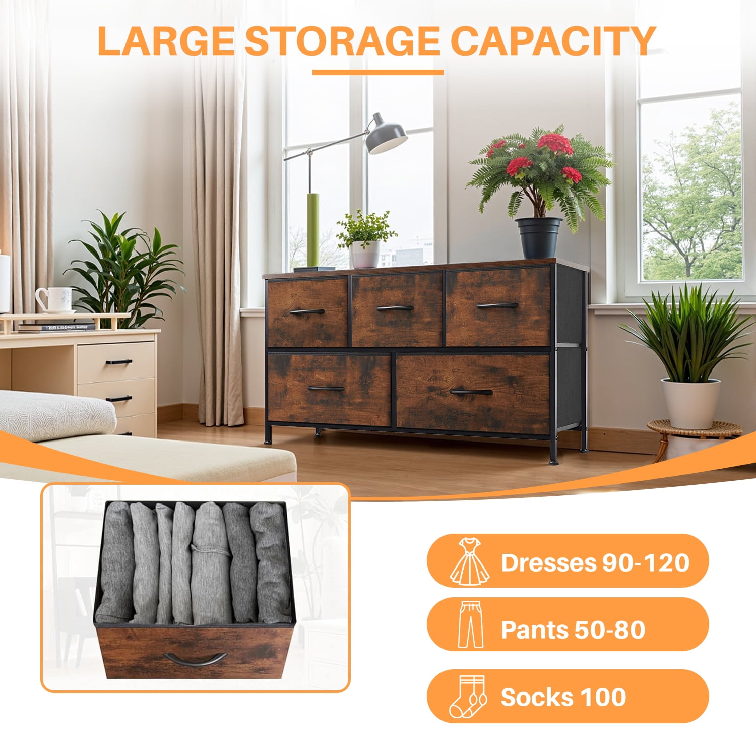 Simenmax 5 Dresser for Bedroom, 5 Storage Drawers, Wide Fabric Closet Chests Organizer Tower Furniture with Wooden Top Metal Frame for Clothes, Room, Living Room, Hallway, Entryway, Brown