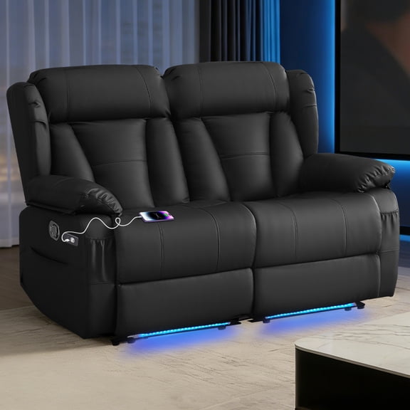 Loveseat Recliner Sofa, Manual Reclining Double Loveseat with USB-A & USB-C Ports/LED Lights, RV Couch for Living Room & Home Theater with Cup Holders/Side Pockets