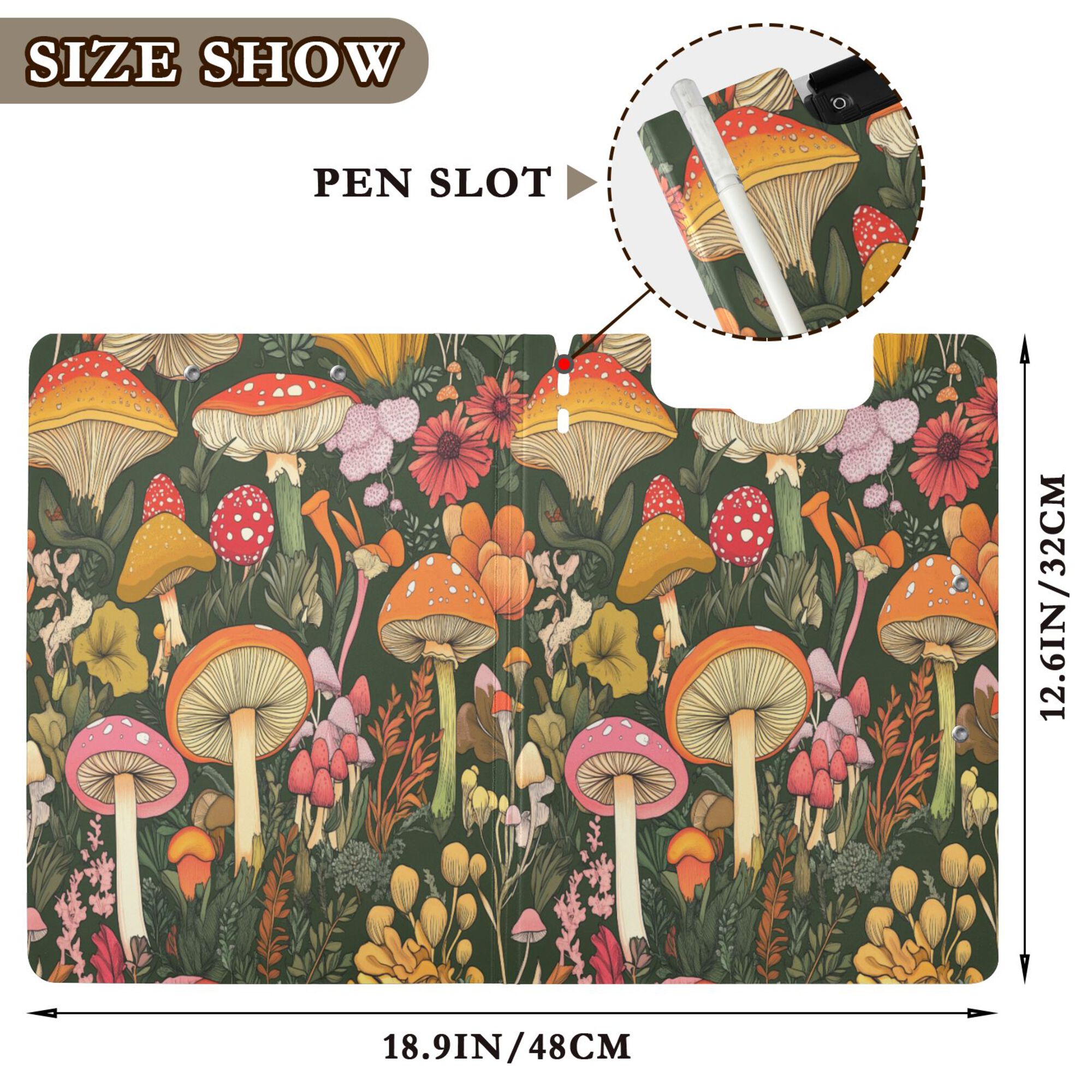 FORMRS A4 Clipboard Folder with Pen Holder Horizontal Foldable School Office Binder, Colorful Mushroom