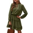 thumbnail image 2 of Sedceaty Women Mini Dress, Long Sleeve V Neck Lacing Solid Pleated Fall Dress for Casual Daily, 2 of 7