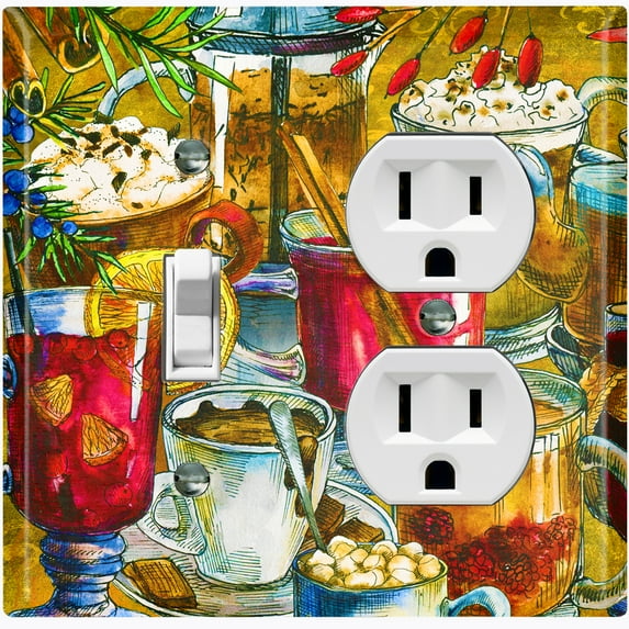 Metal Light Switch Wall Plate Outlet Cover (Coffee Tea Party Kettle Mocha Espresso Fruit Drinks - Single Toggle Single Duplex)