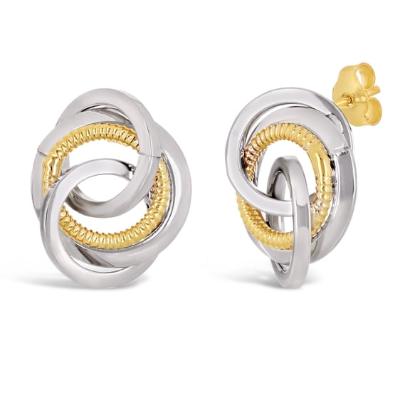 Italian 14k Yellow & White Gold Rope Eternity Circle Love Knot Stud Earrings