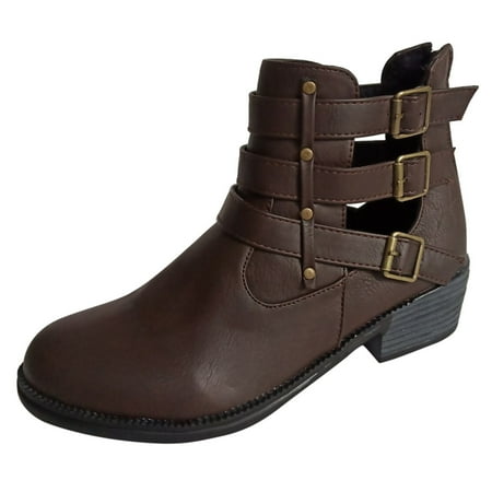 

jsaierl Autumn And Winter New Mid-Heel Hollow Belt Buckle Round Head Women s Boot